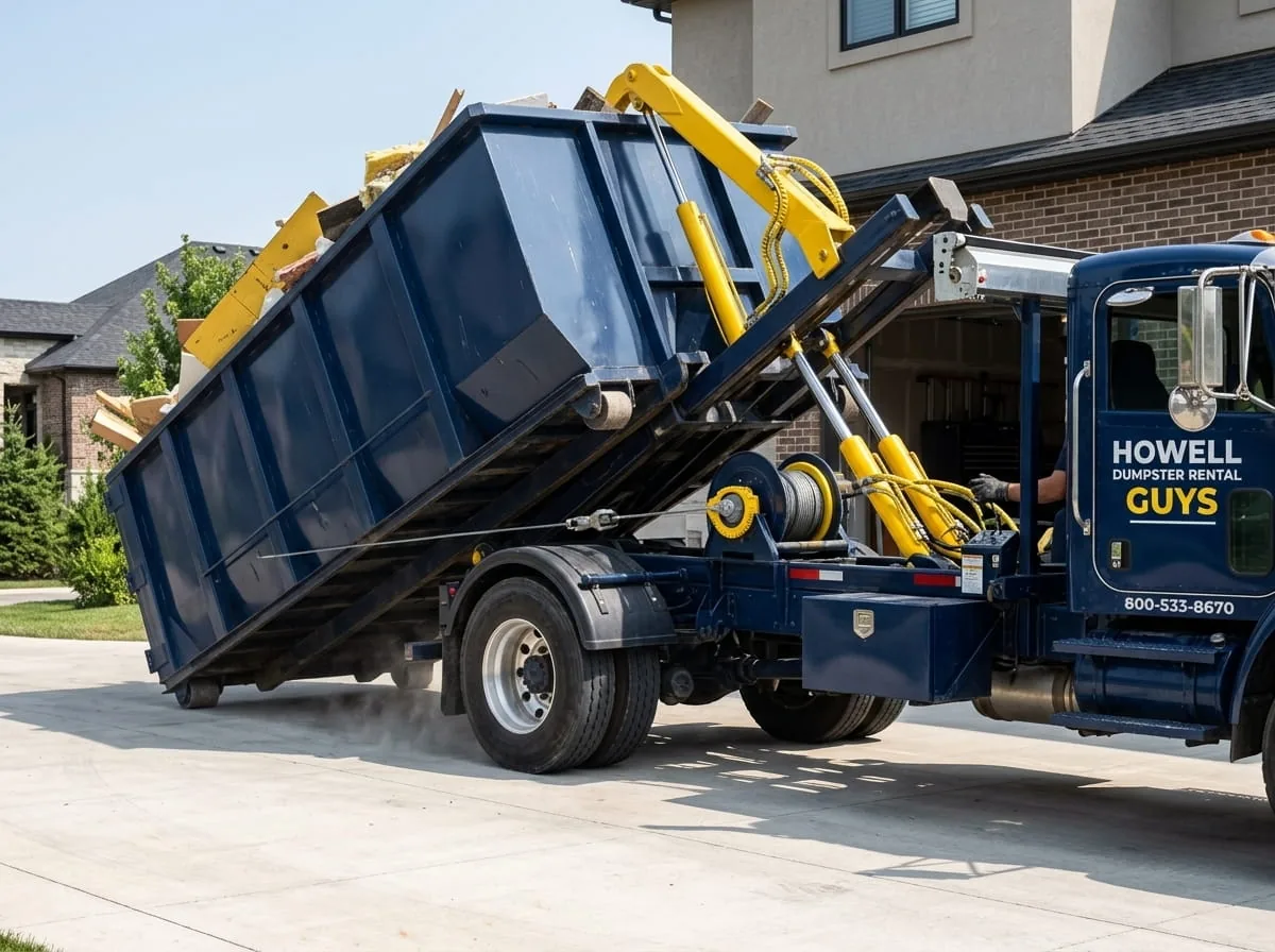 Roll-off dumpster placed at a lake property near Howell MI